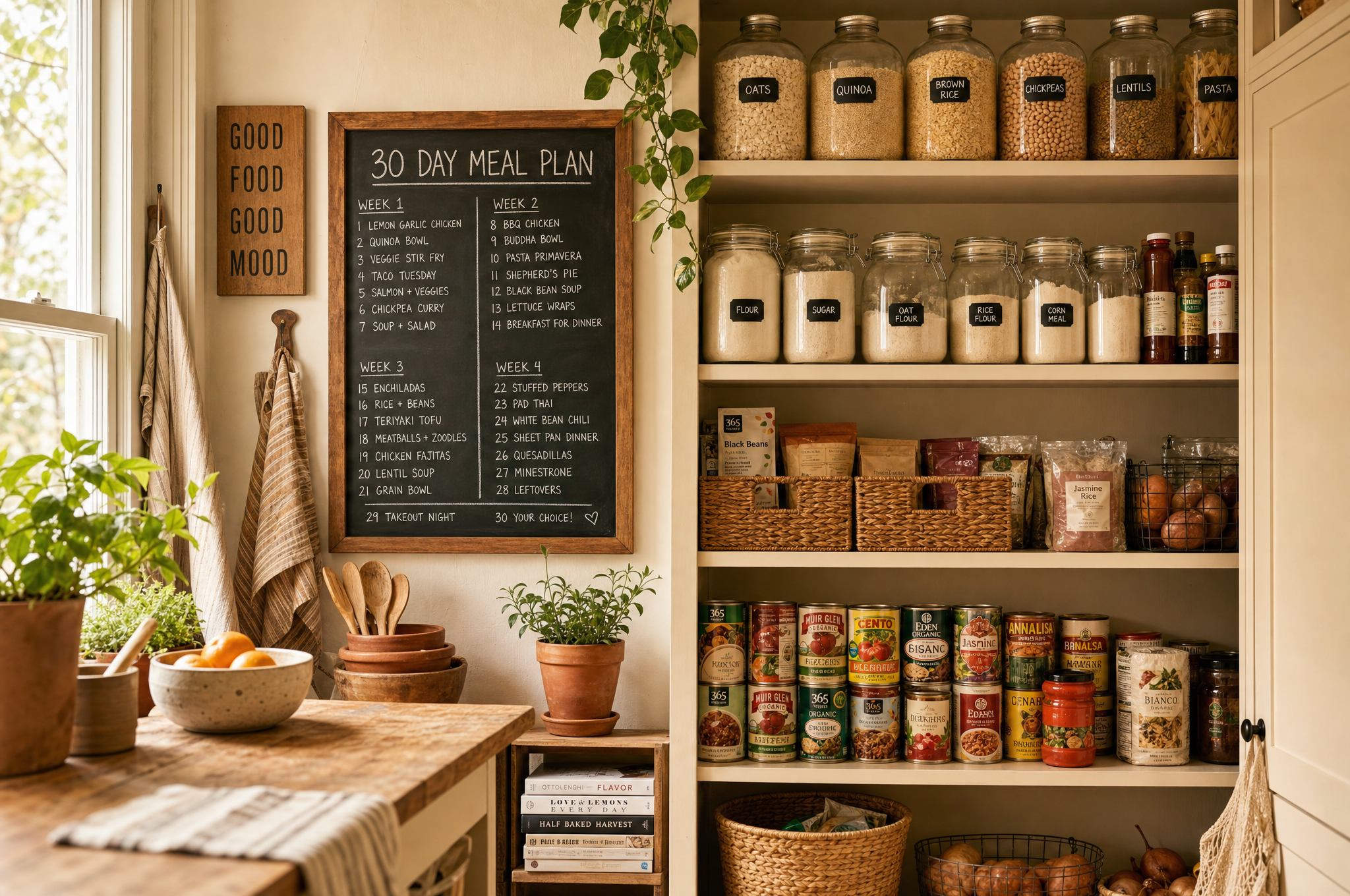 Well-stocked pantry with meal plan