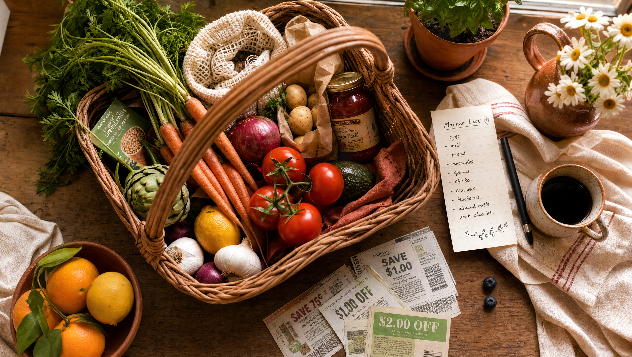 Angela's kitchen table with market basket and coupons